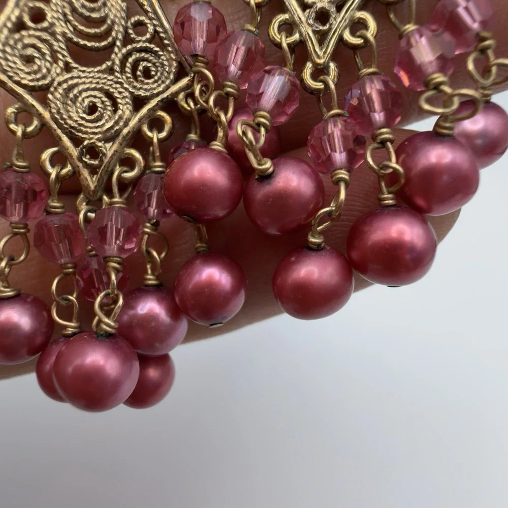 Vintage Sterling Silver Filigree Chandelier Earrings Pink Cultured Pearl Vermail